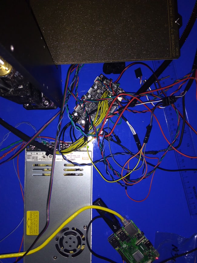 The rats' nest of wiring temporarily powering the printer until I can print an electronics enclosure.